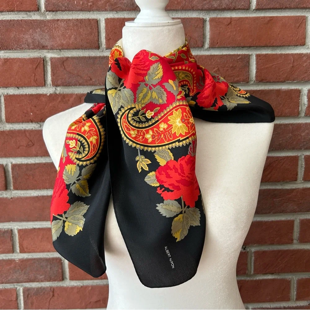 Albert Nipon Vintage Floral Paisley Signed Logo Scarf 30”x31”